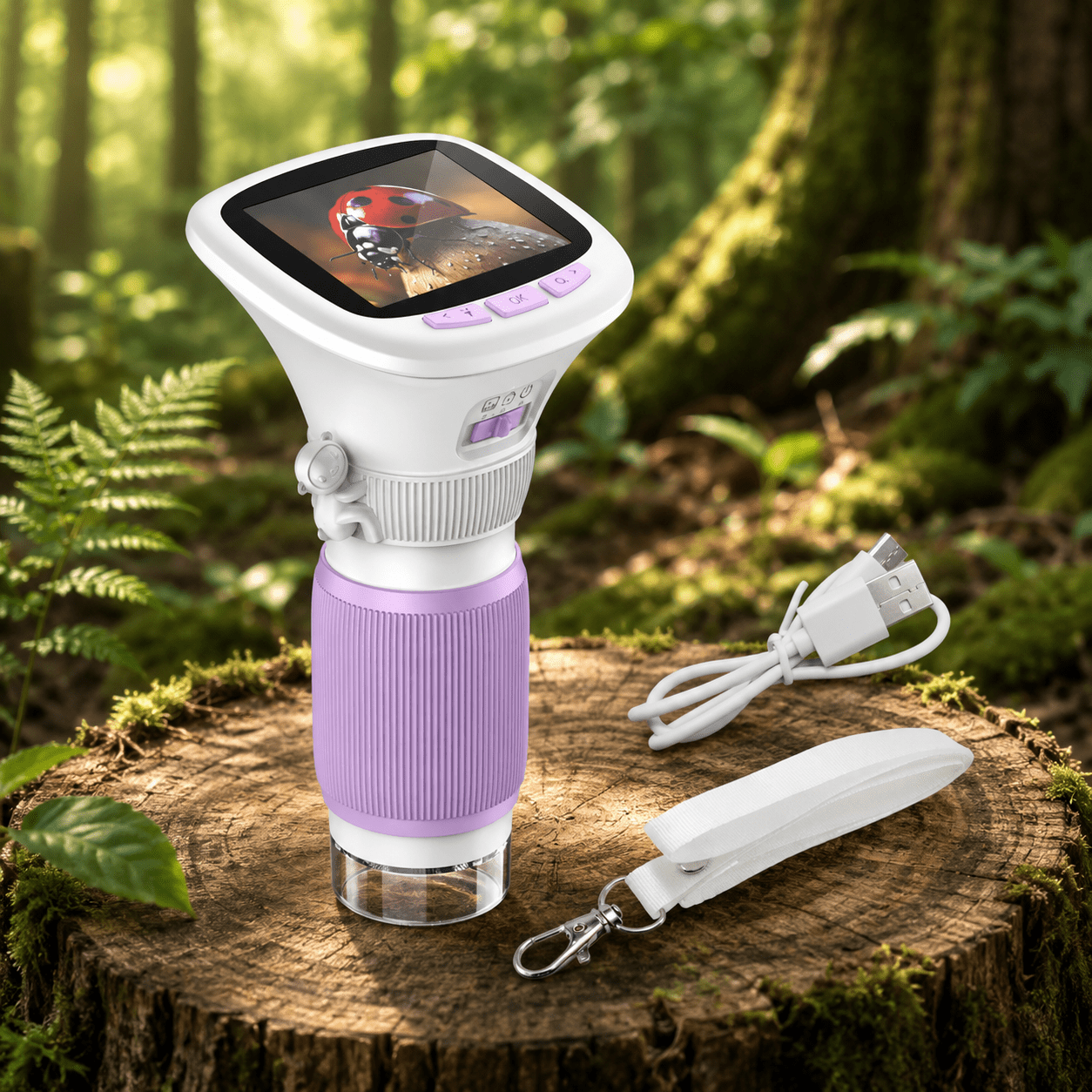 Purple digital handheld microscope with screen showing a magnified ladybug in the forest